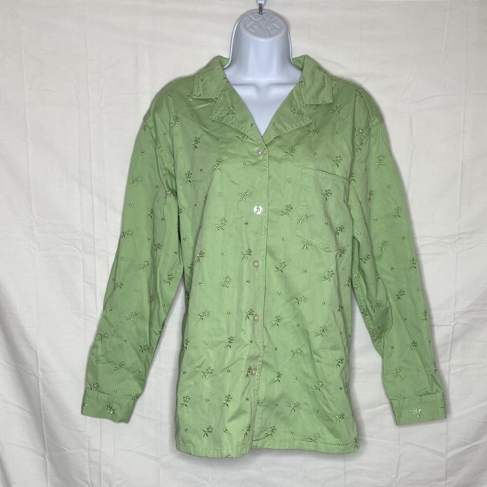 Denim & Co Light LRG Green Floral Embroidered Long Sleeve Shirt w/ Front Pocket